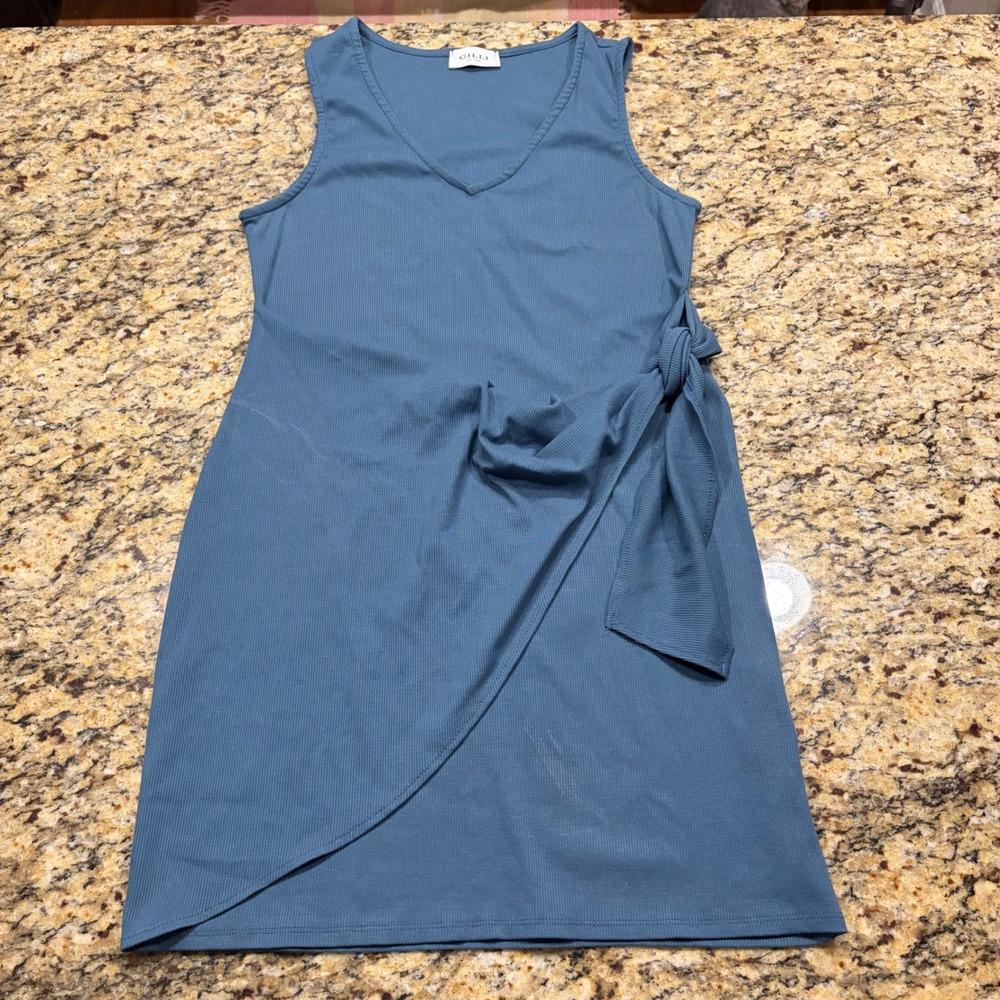 Gilli Womens Blue Ribbed V-Neck Sleeveless Wrap Tie Dress Size LP ws